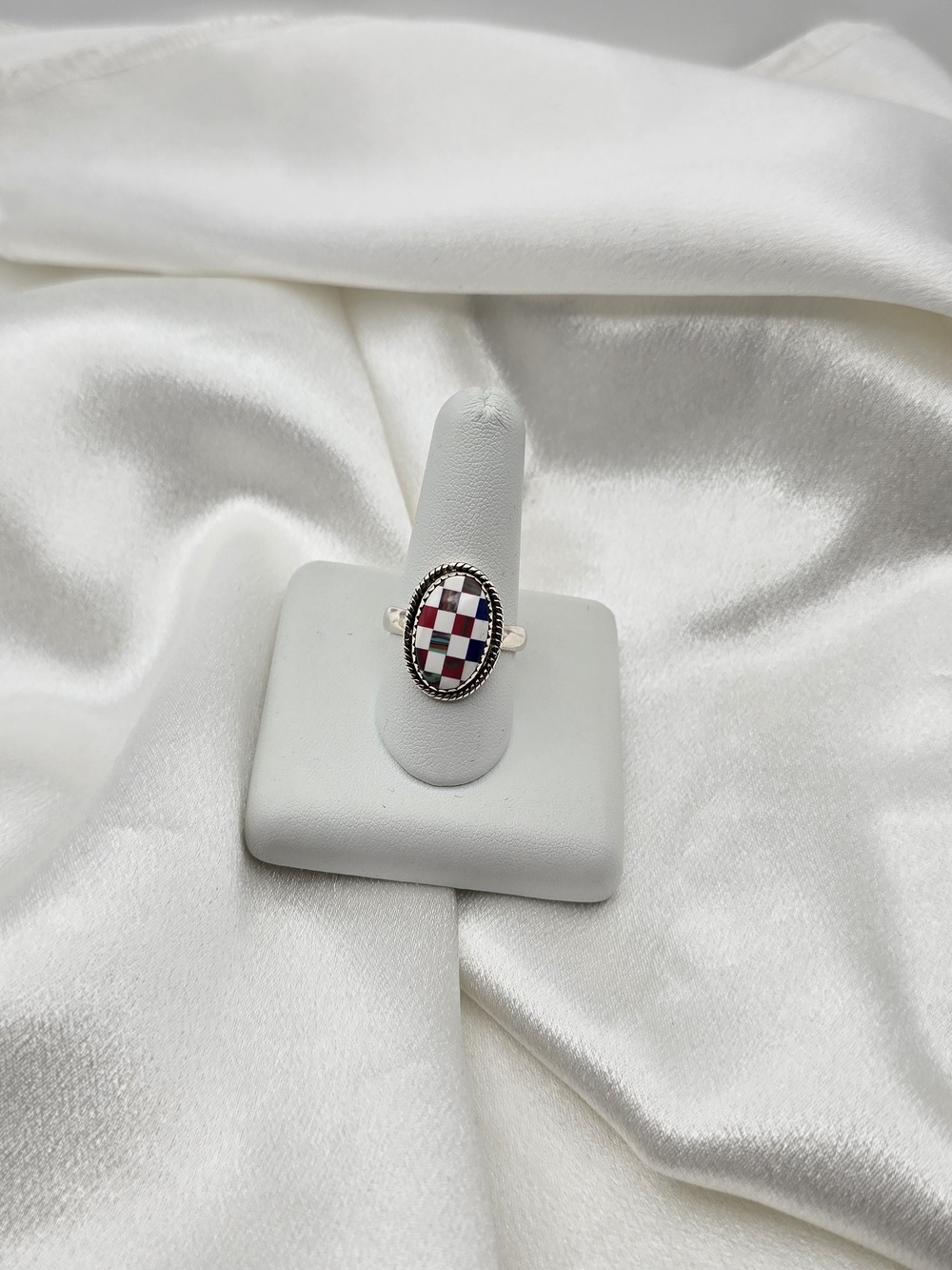Sterling Silver 925 Multi Color Checkerboard Oval Inlay Ring